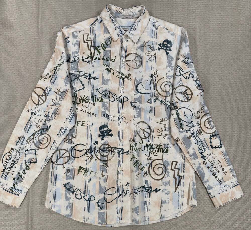 Division E Men's Long Sleeve Button Up Shirt with Graffiti Graphic Print